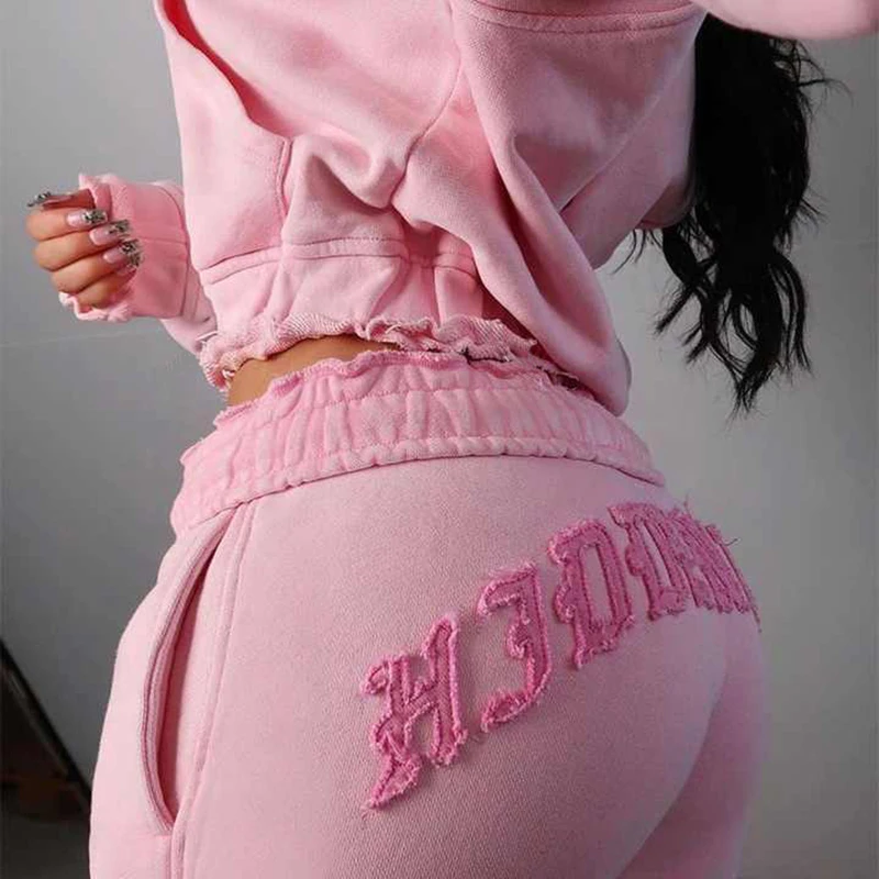 Letter Print Plush Streetwear Hoodie Sets Hooded Zipper Coat Pant Casual 2 Piece Suit Solid Color Fashion Outwear Women Clothing