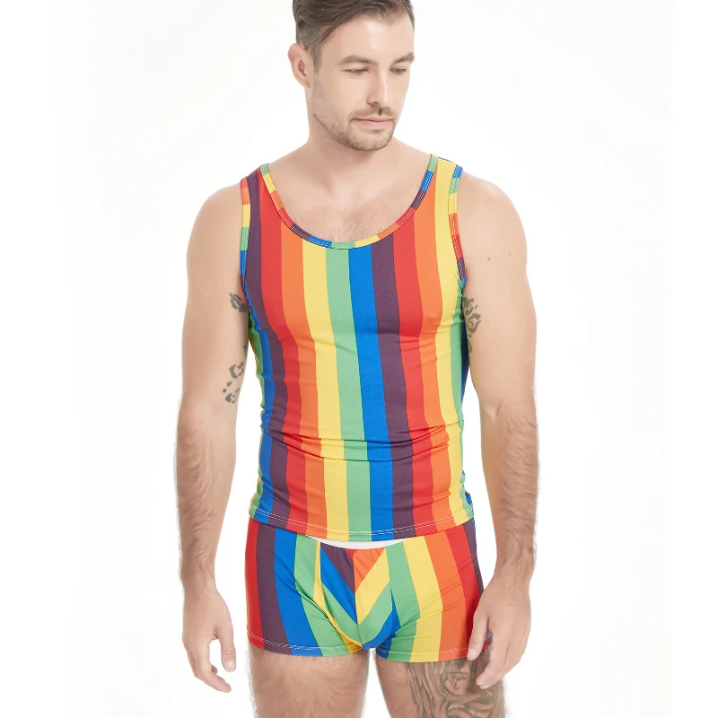 2-piece men\'s pajamas suit with rainbow stripes printed sleeveless exercise vest undershirt in summer and tight sexy suit at hom