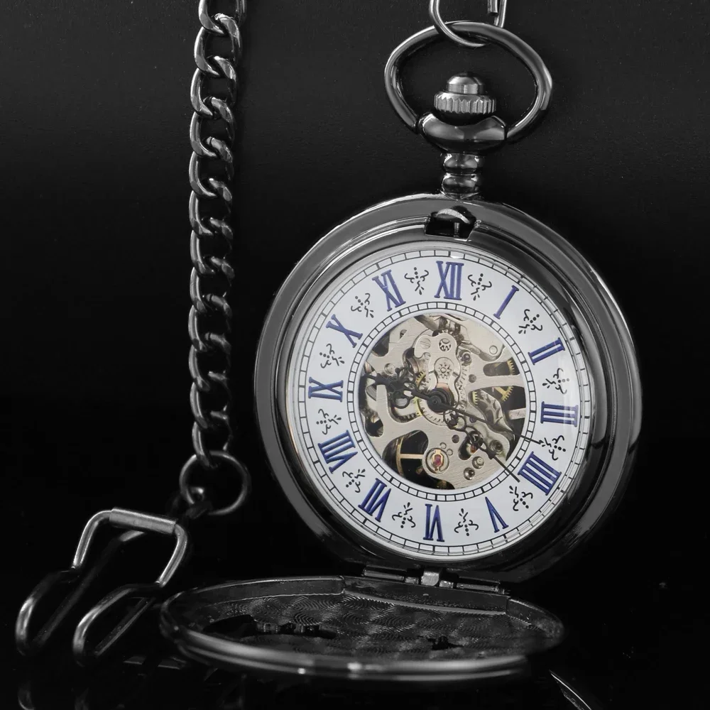 Hollow Black Flying Eagle Mechanical Hand Winding Pocket Clock for Male Antique Stylish Timepiece Watch Gift