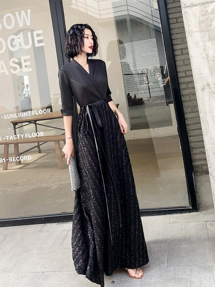 

Ele Bla Evening Gown for Women Host Ball Dr mid Waist A-Line Skirt ort Sve Long Dr Polyester Fiber