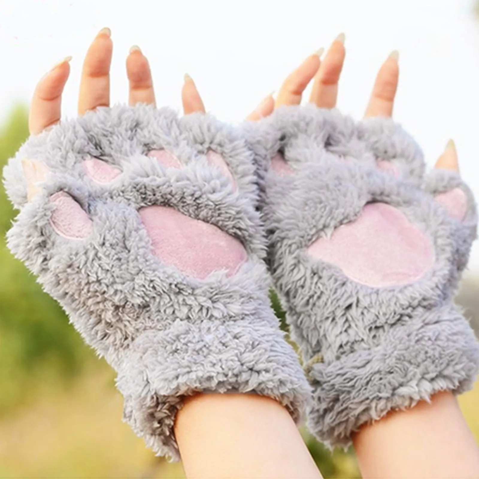 Cat Paw Gloves Winter Cute Cartoon Cat Girl Open Finger Gloves Thickened Fluffy Bear Paw Half Finger Gloves