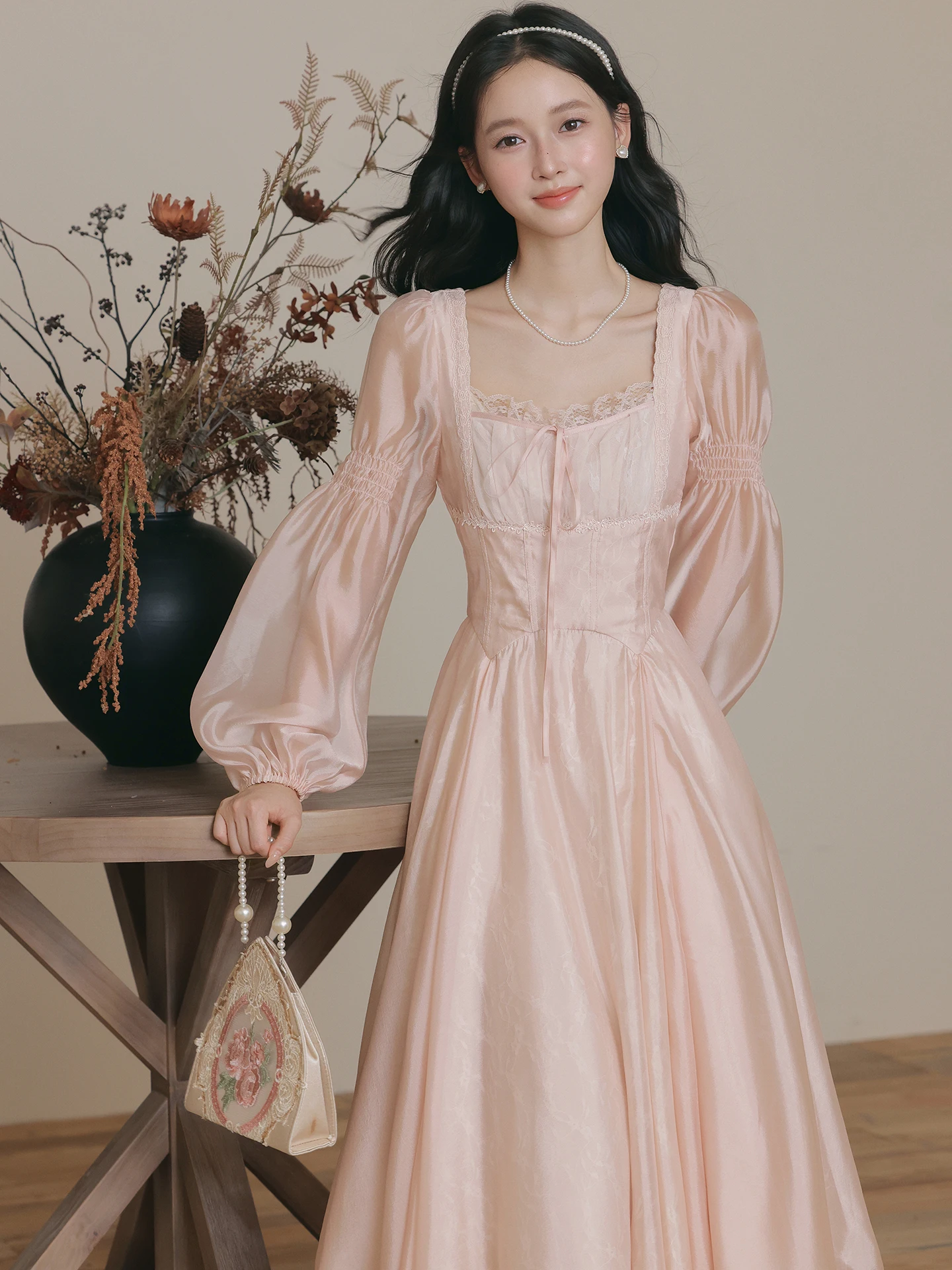 Artistiek Princ Sle Lang Sve Kant Dr Taille Cinched Fairy T Beau Courtly Wind Hoge taille A-lijn Midi Dr