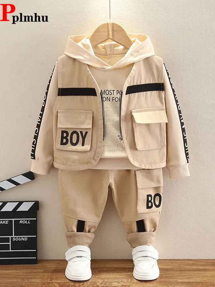 

Spring Boys 3 Piece Set Fashion Cargo Vest + Hooded Sweatshirts Tops + Elastic Waist Jogger Pants Outfit Kids Tracksuit Ensemble