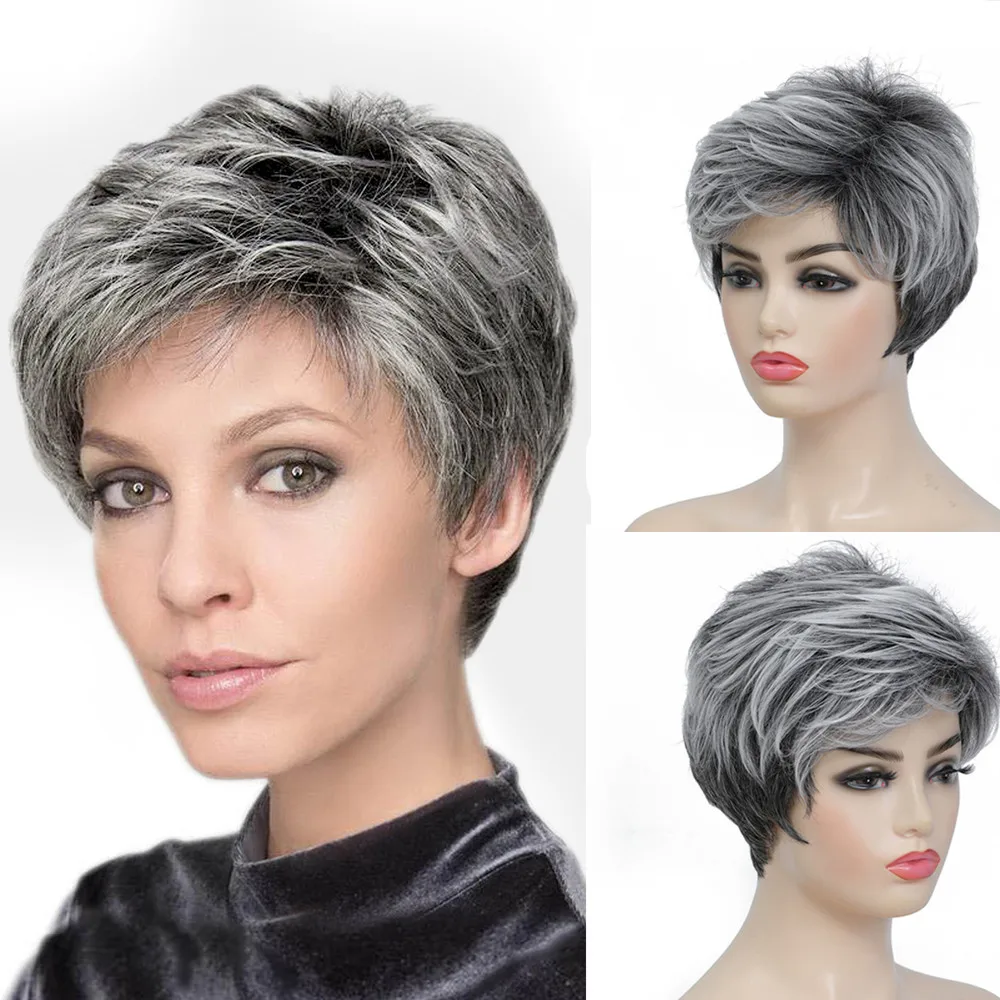 Synthetic Short Wig Natural Gray Fluffy Wigs Soft Mommy Hair Daily Use Women's Straight Textured Hair Party Cosplay Costume Wigs