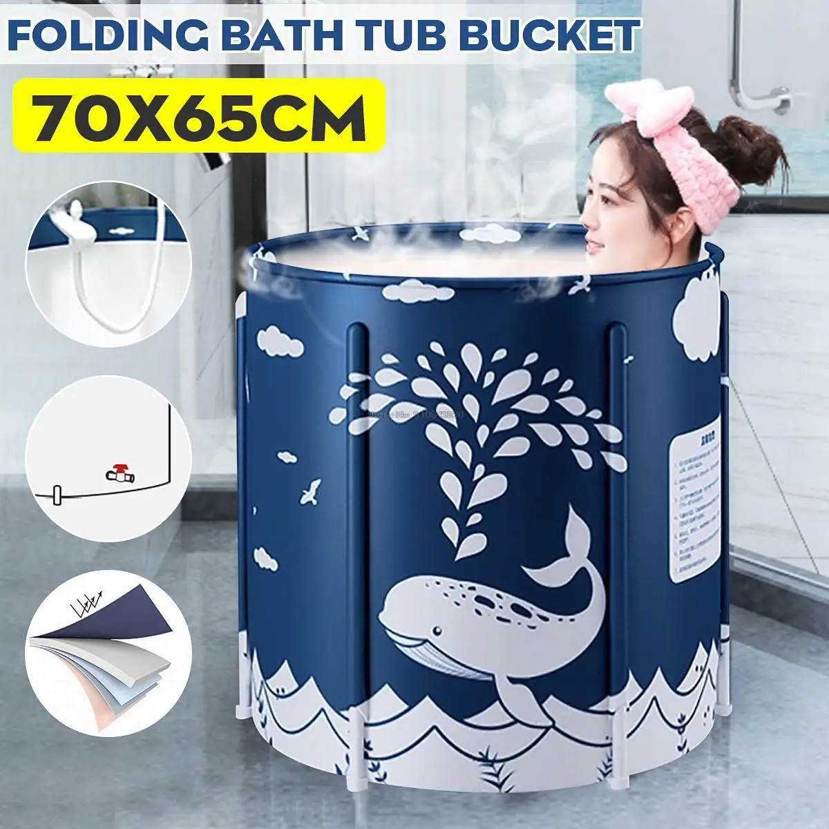 

70x65cm Portable Foldable Bathtub Thickened Adult Bathtub Home Single Massage Pool Bathing Bucket Indoor Outdoor Bathtub