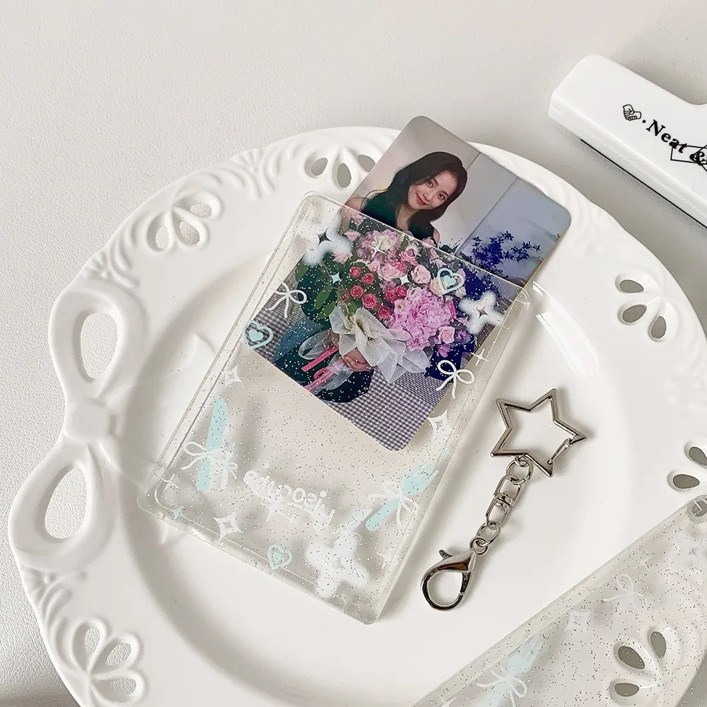New Acrylic 3 inch Photocard Holder Glitter with Pendant Keychian Photo Frame Keychain ID Badge Holder Women Girls