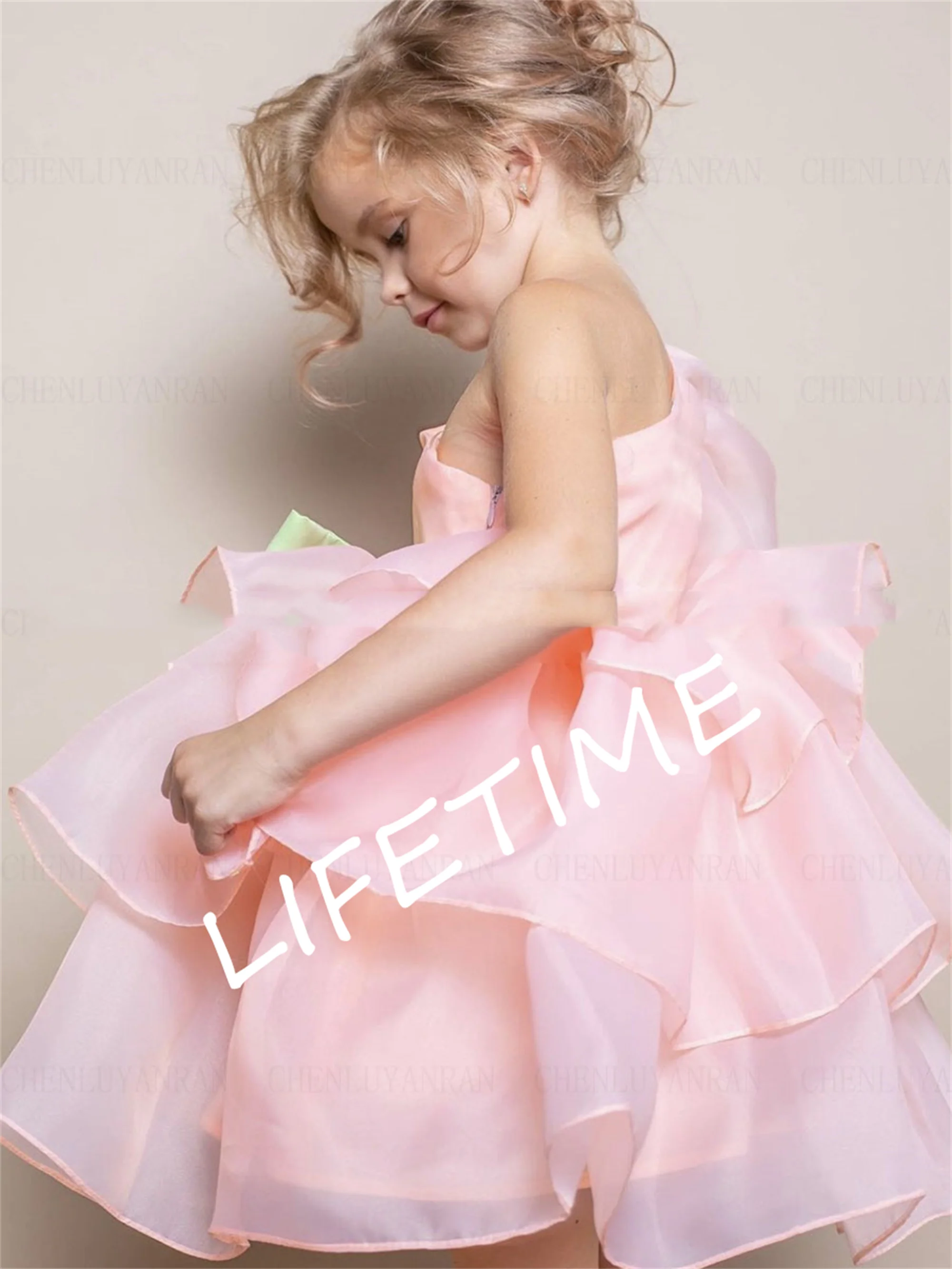 

Pink Organza Flower Girl Dress Knee-Length Cute Girls Princess Wedding Party Dress Bow A-Line Puffy First Communion Gown Dress