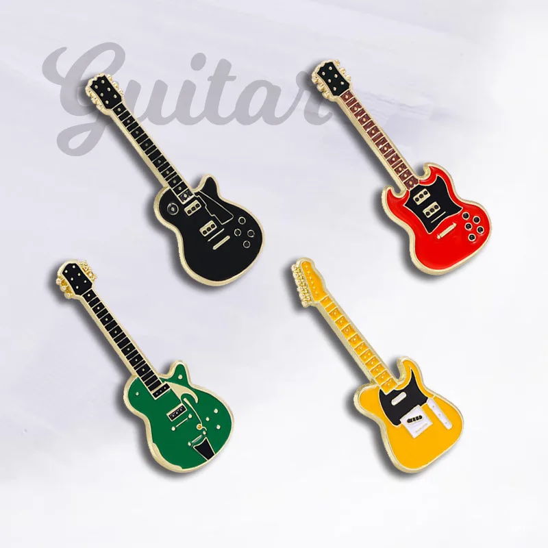 Set of 4 Vintage Enamel Brooches Electric Guitar Pins Music Instrument Badges Alloy Material for Shirt Sweater Backpacks