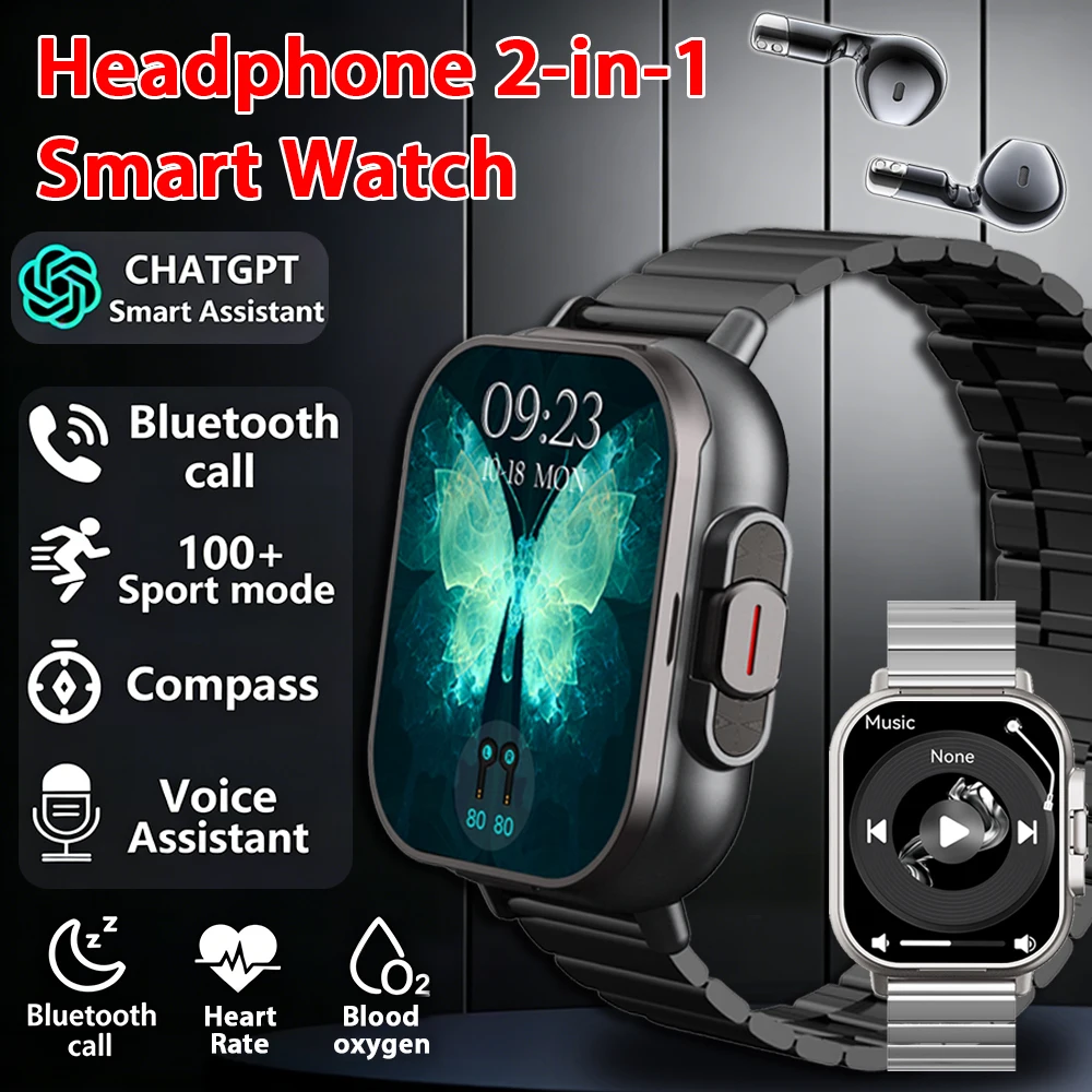 2026 Smart Watch TWS 2-in-1 Headset Bluetooth Call Heart Rate Blood Pressure Health Monitoring Headphones Play Music Smartwatch