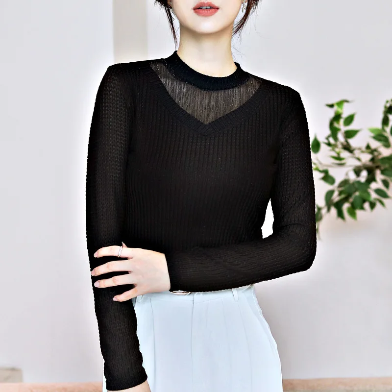 Lady Korean Version In Autumn Winter With Sweater New Women'S Loose And Thin Lace Stitched Knitted Bottomed Shirt Top Female