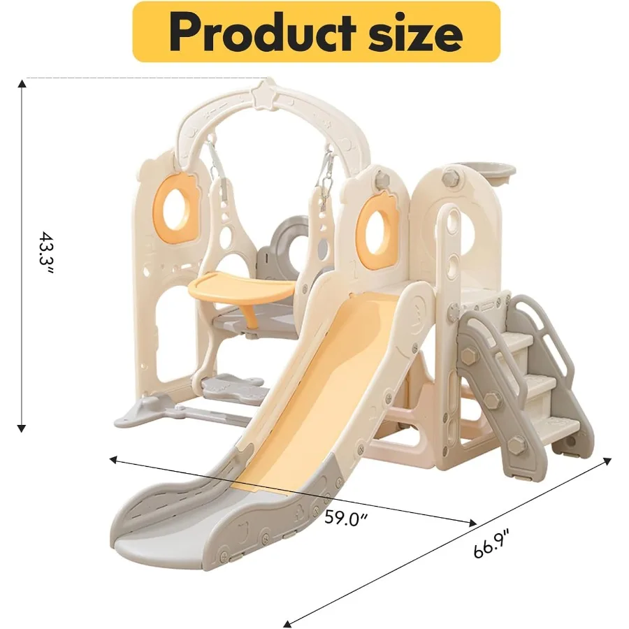 Tobogán independiente para niños pequeños con columpio, tobogán interior 6 en 1 para niños pequeños, tobogán en forma de 13 L con aro de baloncesto, tobogán para bebés