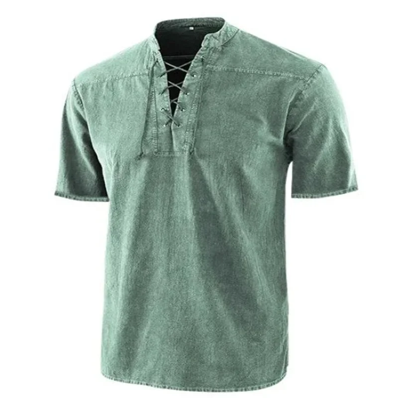 LIBIELIY T Shirt Men Stand Collar Front Lace Up Short Sleeve V Neck Slim T Shirt Streetwear For Daily Wear Solid Retro Casual To