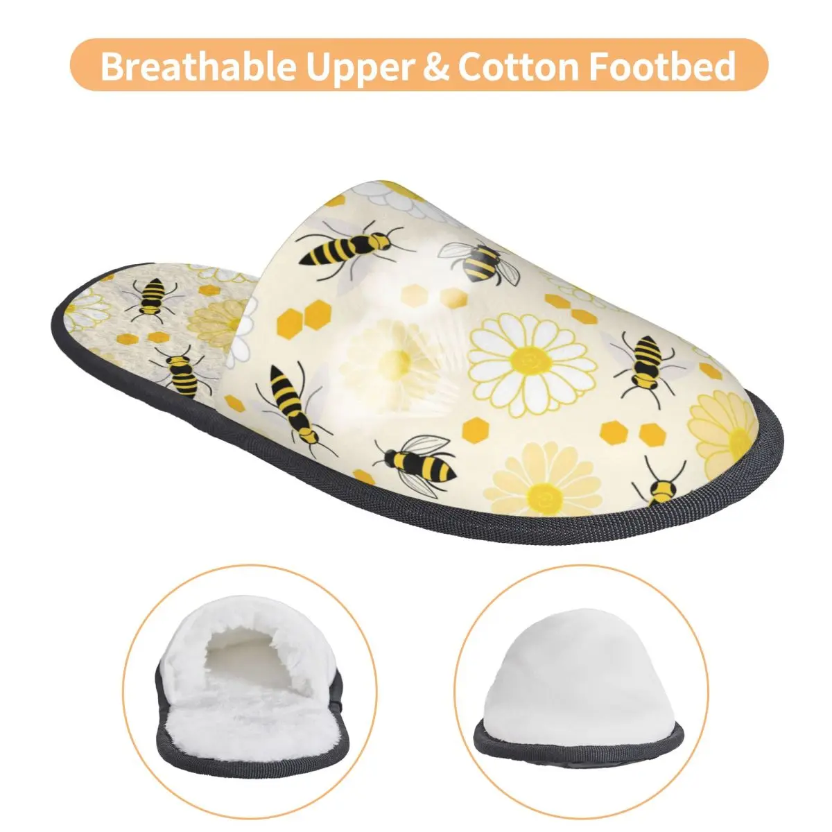 Custom Black Honey Bees Flowers Soft Memory Foam House Slippers Women Comfy Warm Anti-Skid Slipper