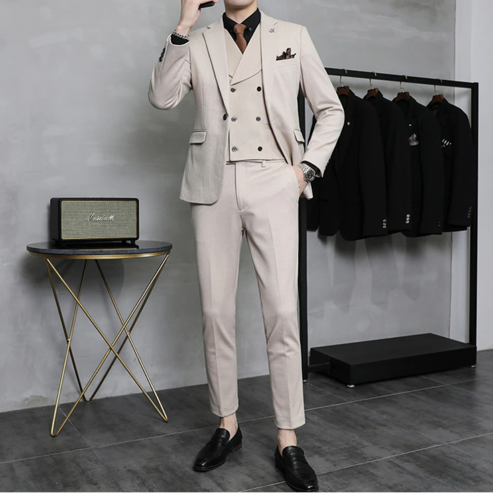 The Main Promotion Men's Suit New Single Breasted Casual Business Leisure Wedding Loose Set Three-piece Jacket Vest Pants 2024