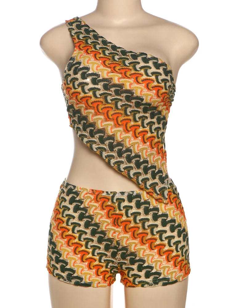 Conjunto de 2 piezas con cuello de ganchillo hueco con cuello de ganchillo y pantalones cortos a juego