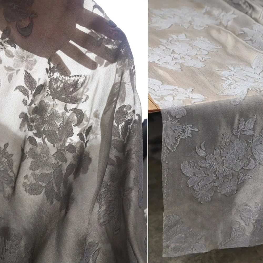 Grey Flocking Thin Mesh Fabric Butterfly Embroidery Translucent Shawl Dress Clothing Designer Fabrics Cloth By The Meter