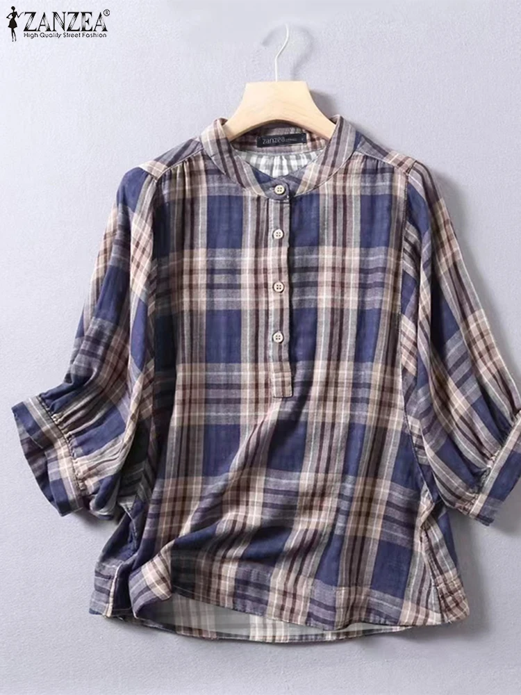 

ZANZEA Vintage Top Women Blouse 2025 Fashion 3/4 Sleeve Plaid Shirts Casual Loose O-Neck Elegant Office Tunic Print Blusas Femme