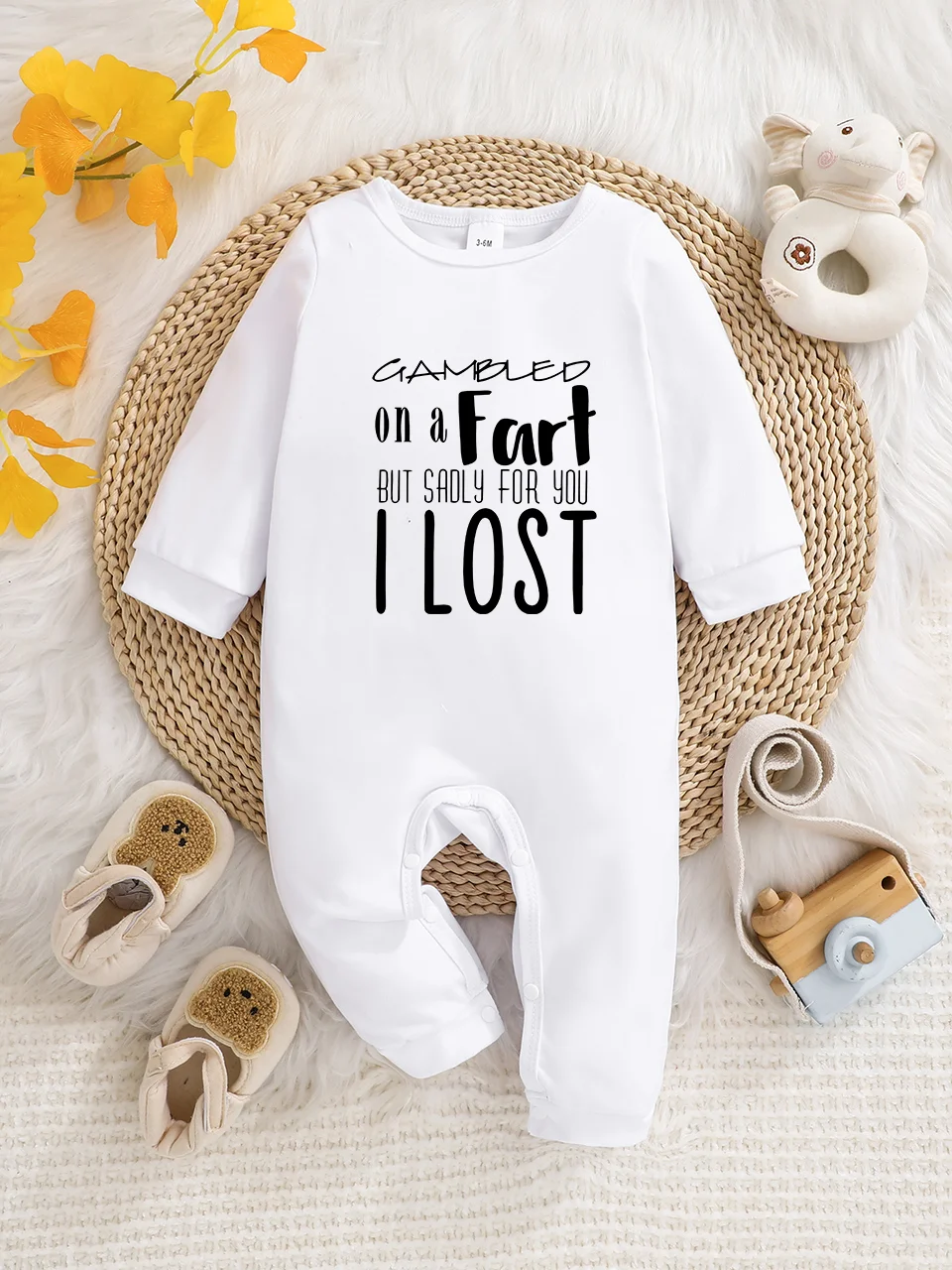 2026 New Arrival: Long-Sleeved Baby Bodysuit with Fun Letter Print, Button Design, Easy Care, Suitable for New Parents