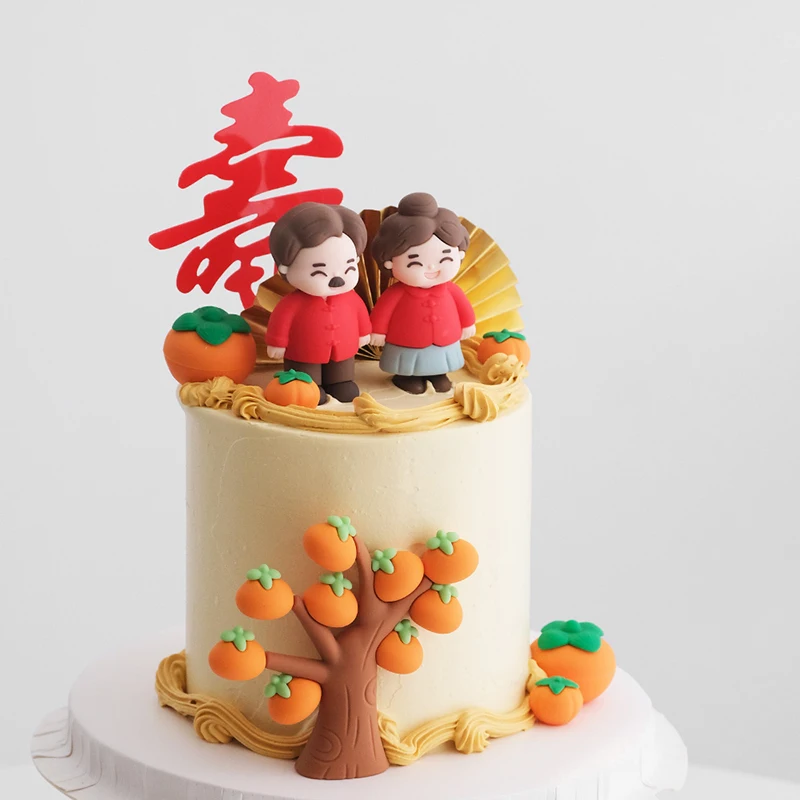 Grandpa Grandma Old Man Happy Birthday Party Doll Ornament Gifts Cake Topper Red Fan Chinese-style Blessing Door Baking Supplies