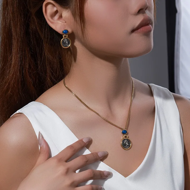 

Vintage Coin Design Necklace Earrings set for women high quality Girl Party Gift jewelry Set 14K Gold Plated