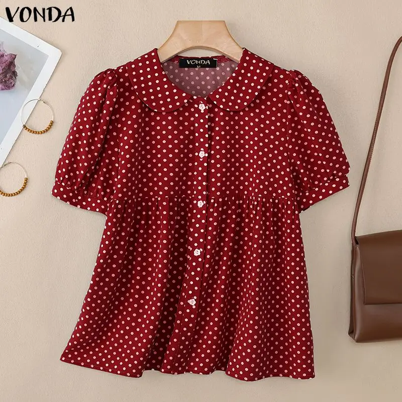 

Fashion VONDA Women Shirts Summer Short Sleeve Tops Dots Buttons Puff Sleeve Tee Party OL Work Blusas Streetwear Shirt Oversize