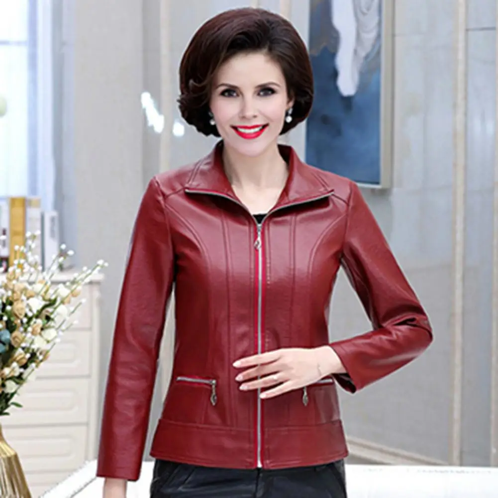 Faux Leather Coat Stylish Mid-aged Women's Faux Leather Motorcycle Jacket with Zipper Pockets Plus Size Retro for Travel