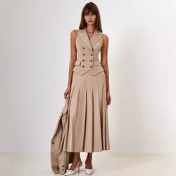 Women Skirt Set Autumn Elegant Long Skirt Suit Sleeveless Vest Blazer And Pleated Long Skirt Two-Piece Suit Women  Skirt Outfits