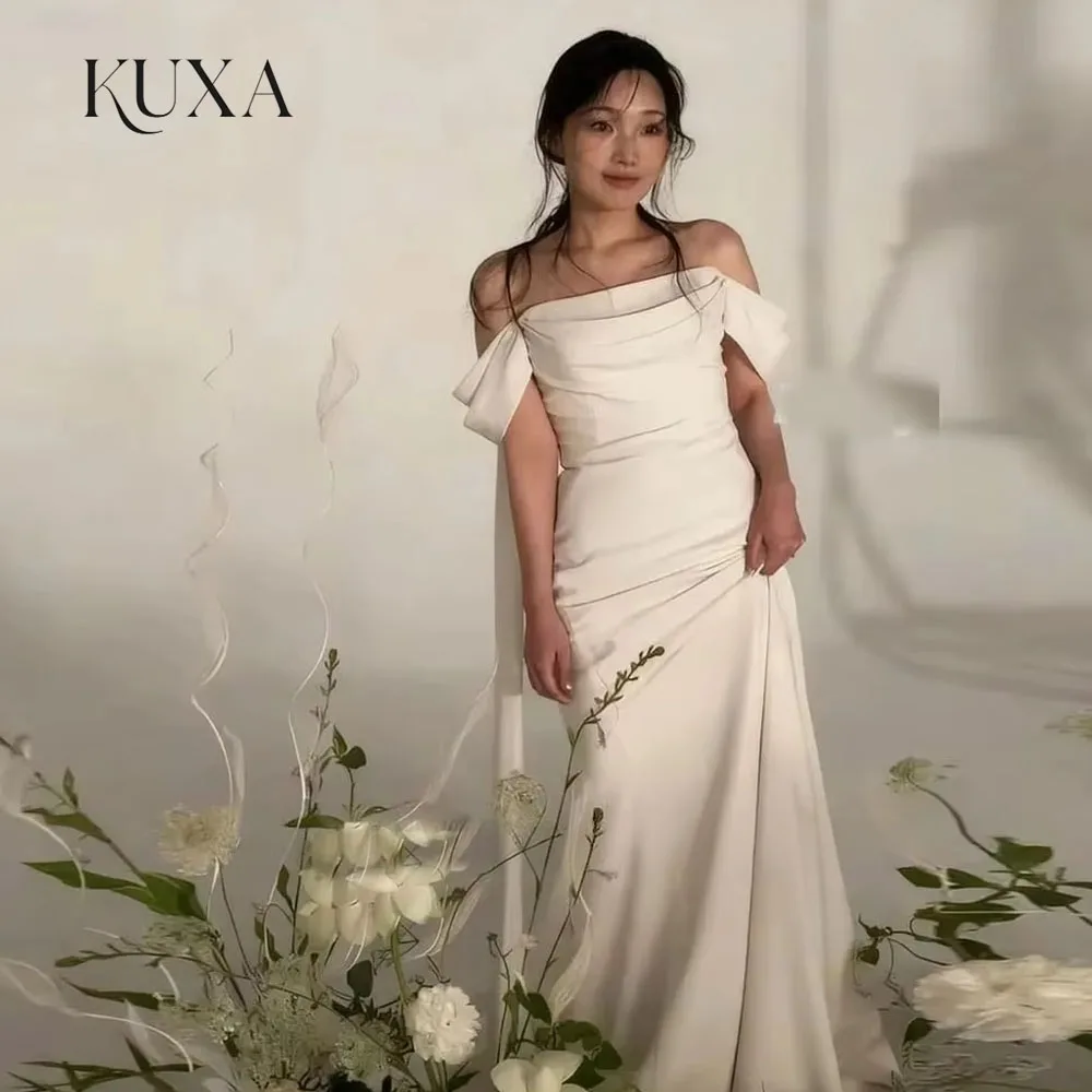 KUXA Customized Off Shoulder Korea Wedding Dress Elegant Elastic Satin Evening Party Dresses Back Corset 웨딩드레스 2027