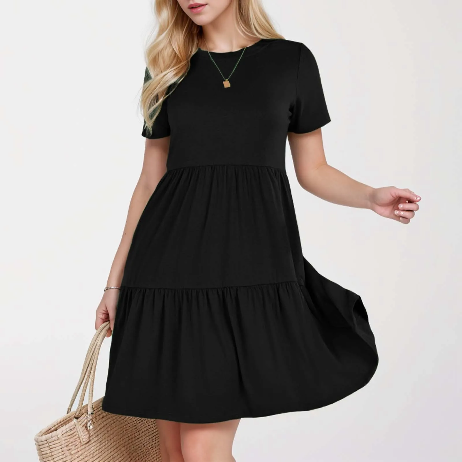 

Women Midi Dress Gown Solid Color Short Sleeve Round Neck Pockets Ruffled Layered Flowy Maxi Dress A Line Swing Dresses Party