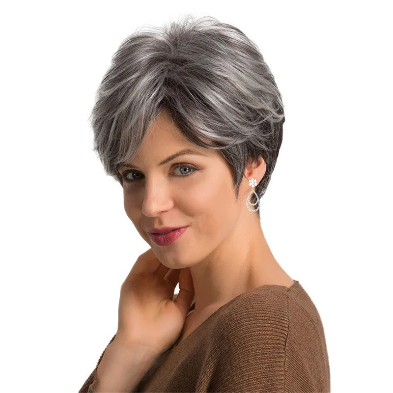 

Women's European American fashion straight wig, black and white mixed color synthetic fiber short hair full headp
