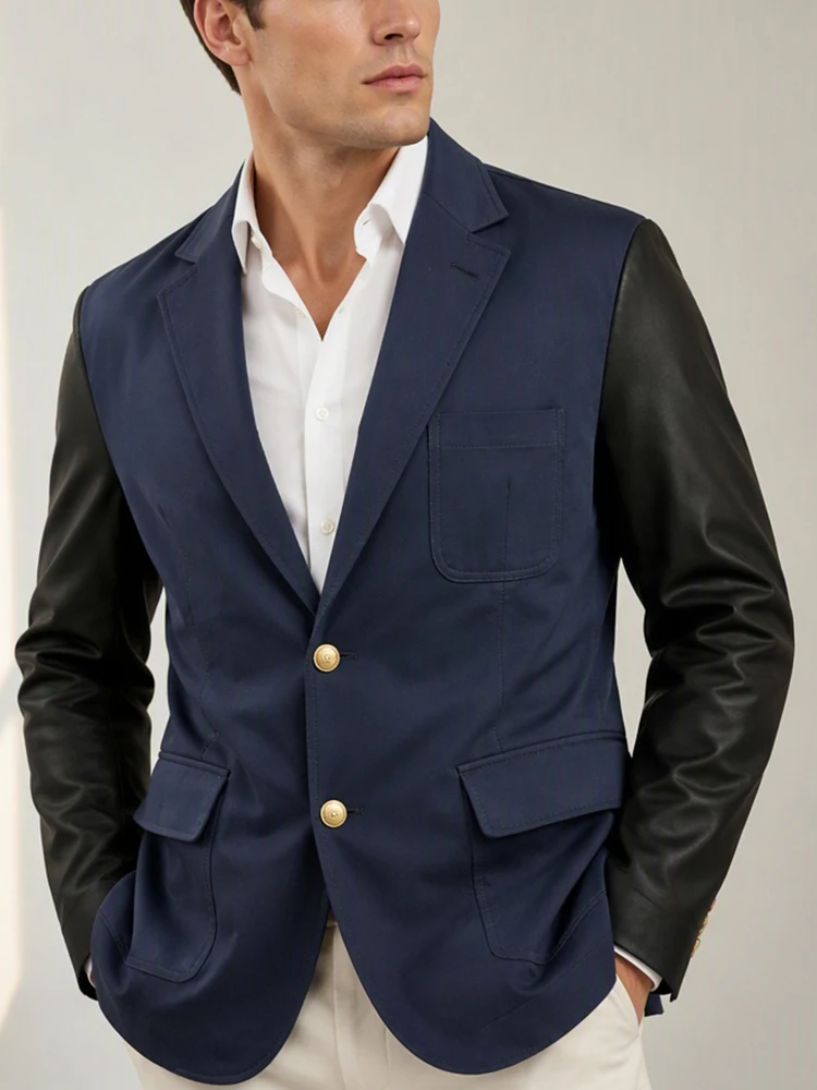 Men Business Casual  Blazer Single Breasted Patchwork Notched Lapel Slim Fit Jacket With Black Faux Leather Sleeves Fashion Coat