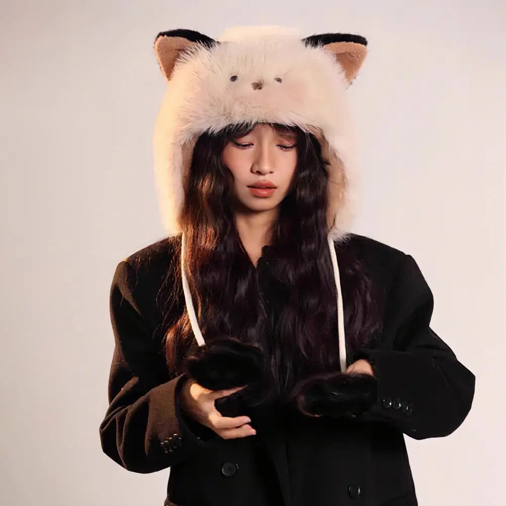 Thicken Fox Ear Hat with String Plush Winter Warm Cute Ear Cap Women's Cold-Proof Outdoor Hats Cute Protection Head Fluffy Caps