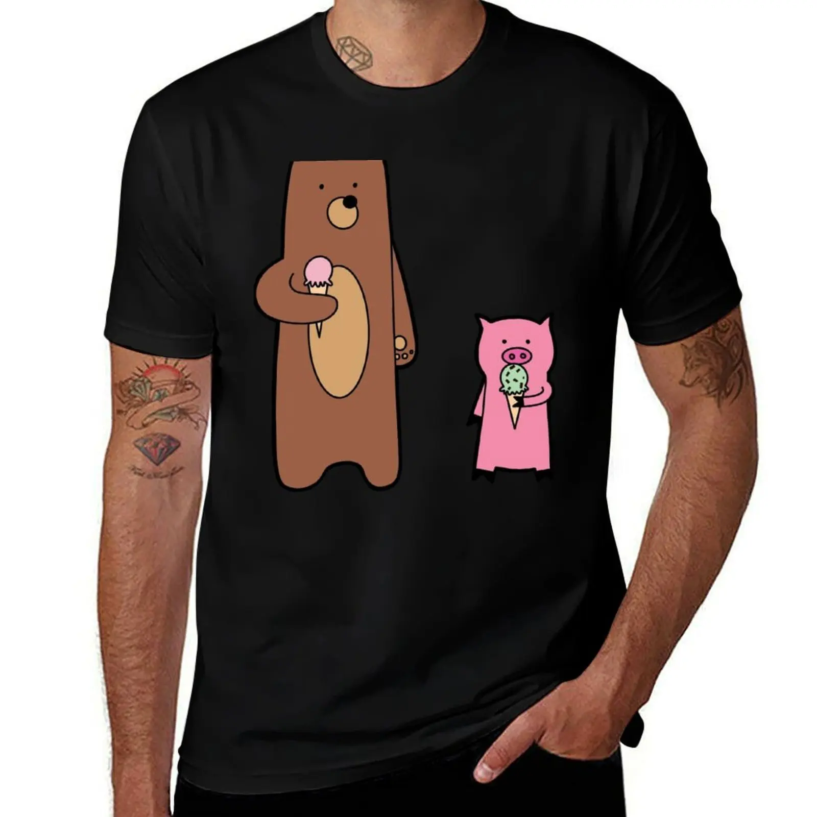 Bear and Pig eat ice cream Sticker T-Shirt Simple Line Art Print Tee T-Shirt