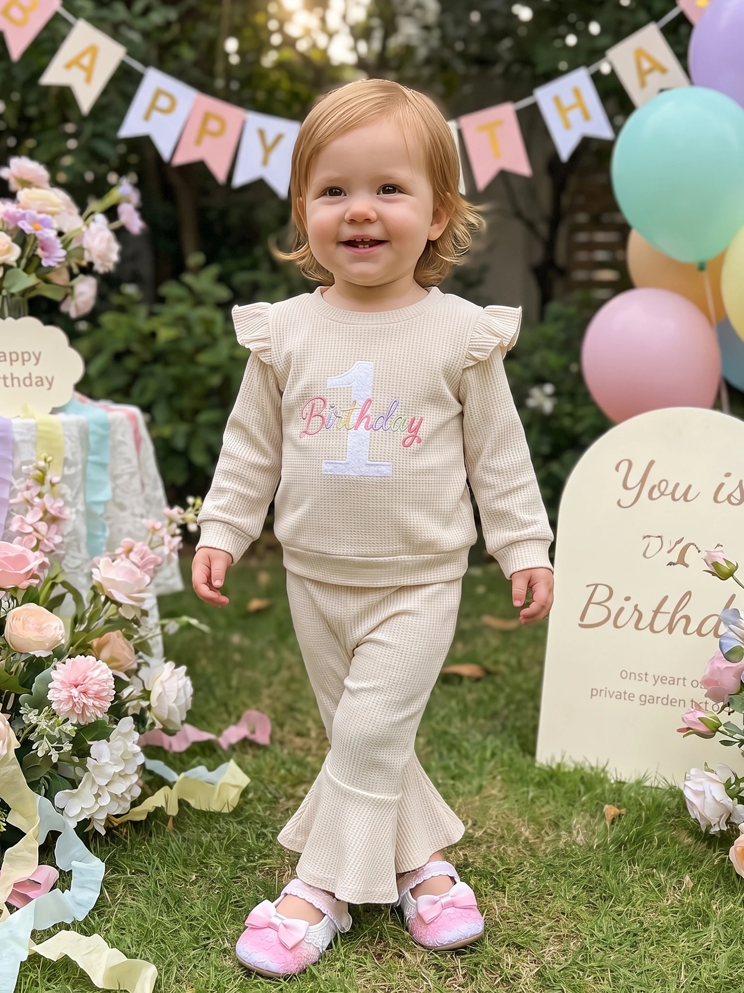 Sleeve-Letter Letter Embroidery Letter-Embroidery-Tops Girl First Birthday First-Birthday-Outfits Tops-Flared Birthday Outfits