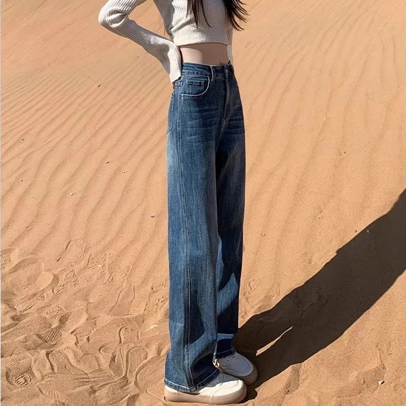 

LIBIELIY Woman High Waist Fashion Streetwear Baggy Jeans Female Vintage Wide Leg Pants Lady Trashy Retro Blue Gray Denim Stacke
