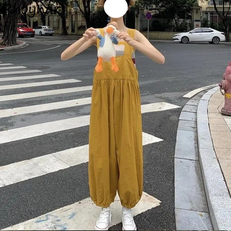 Sets Women Baggy Vintage Ulzzang Ankle-length Jumpsuits Summer Rainbow Elastic Backless Tanks Gentle Sweet Preppy Style Outfits