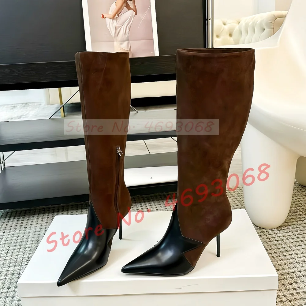 

Five-star shaped leather-trimmed Knee High Boots Women Sexy Chocolate Suede Splicing Leather High Heels Mixed Color Pointy Shoes