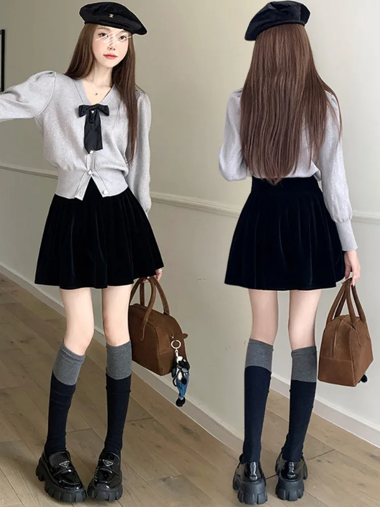 Spódnica damska z wysokim stanem, aksamitna, w kratę, trapezowa, w stylu koreańskim, do pracy, jednolita, codzienna, z wysokim stanem, z włókna poliestrowego.