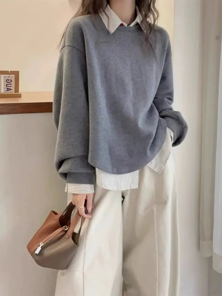 

Модный женский свитшот больших размеров с пэчворком, свободный, универсальный, повседневный, стройнящий топ в корейском стиле для весны и осени