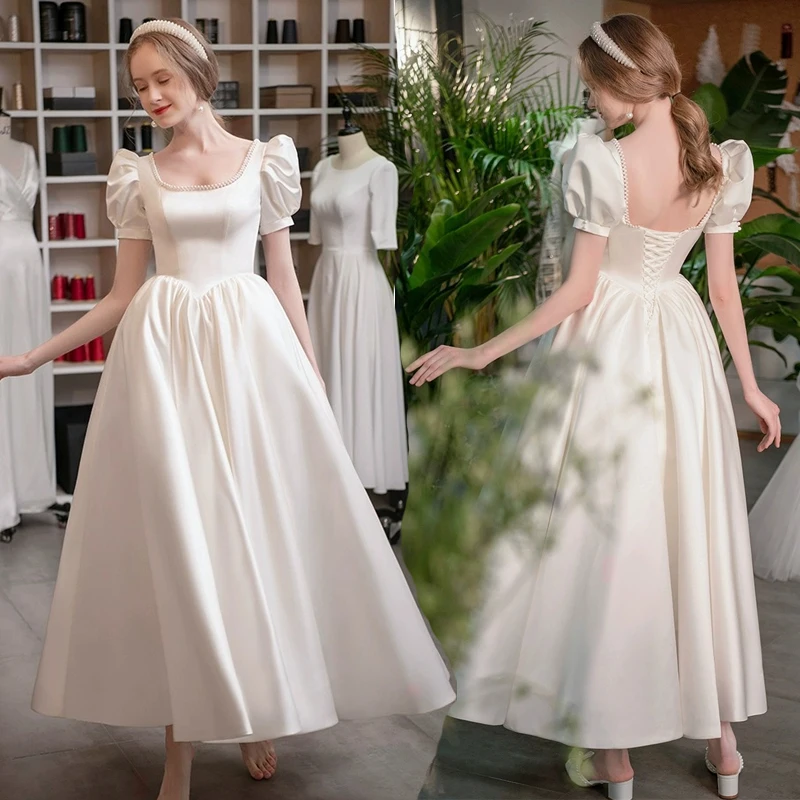 

Новое женское французское легкое свадебное платье белого цвета, элегантное атласное платье с квадратным вырезом, модное вечернее платье, свадебное платье для невесты в стиле принцессы.