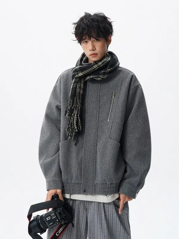 レトロアメリカンデコンストラクトジャケットメンズカジュアルオーバーサイズウールコートルーズフィットスタンドカラー秋トレンドブランド