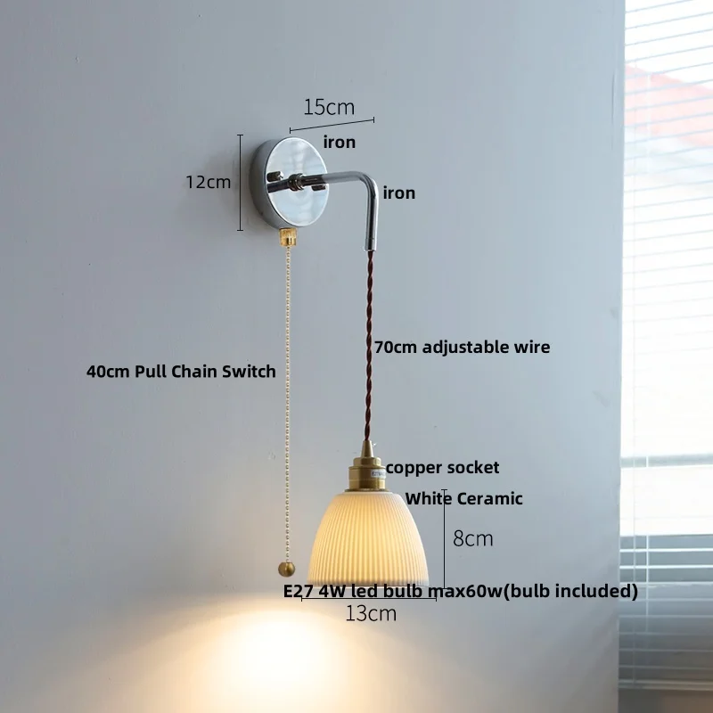 IWHD Pull Chain Switch LED Wall Lamp White Ceramic Wire Adjustable Nordic Modern Home Decor Bathroom Stair Mirror Light Wandlamp