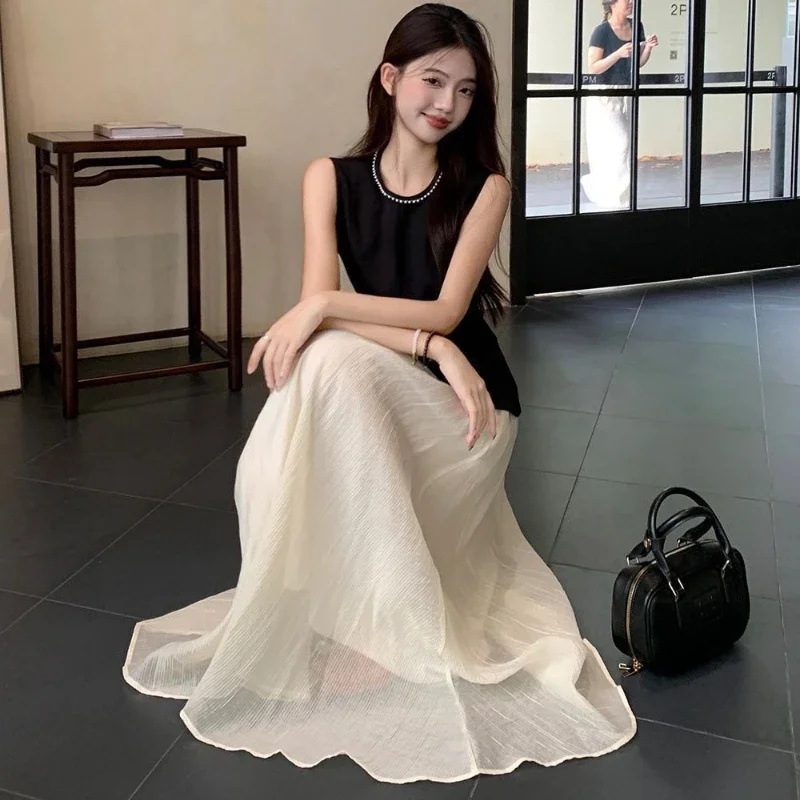 

Long Women's Two Skirt Piece Set Maxi Elegant Casual Korean Style Top and Bottom Full Vacation 2025 Stylish Chic Female Outfits