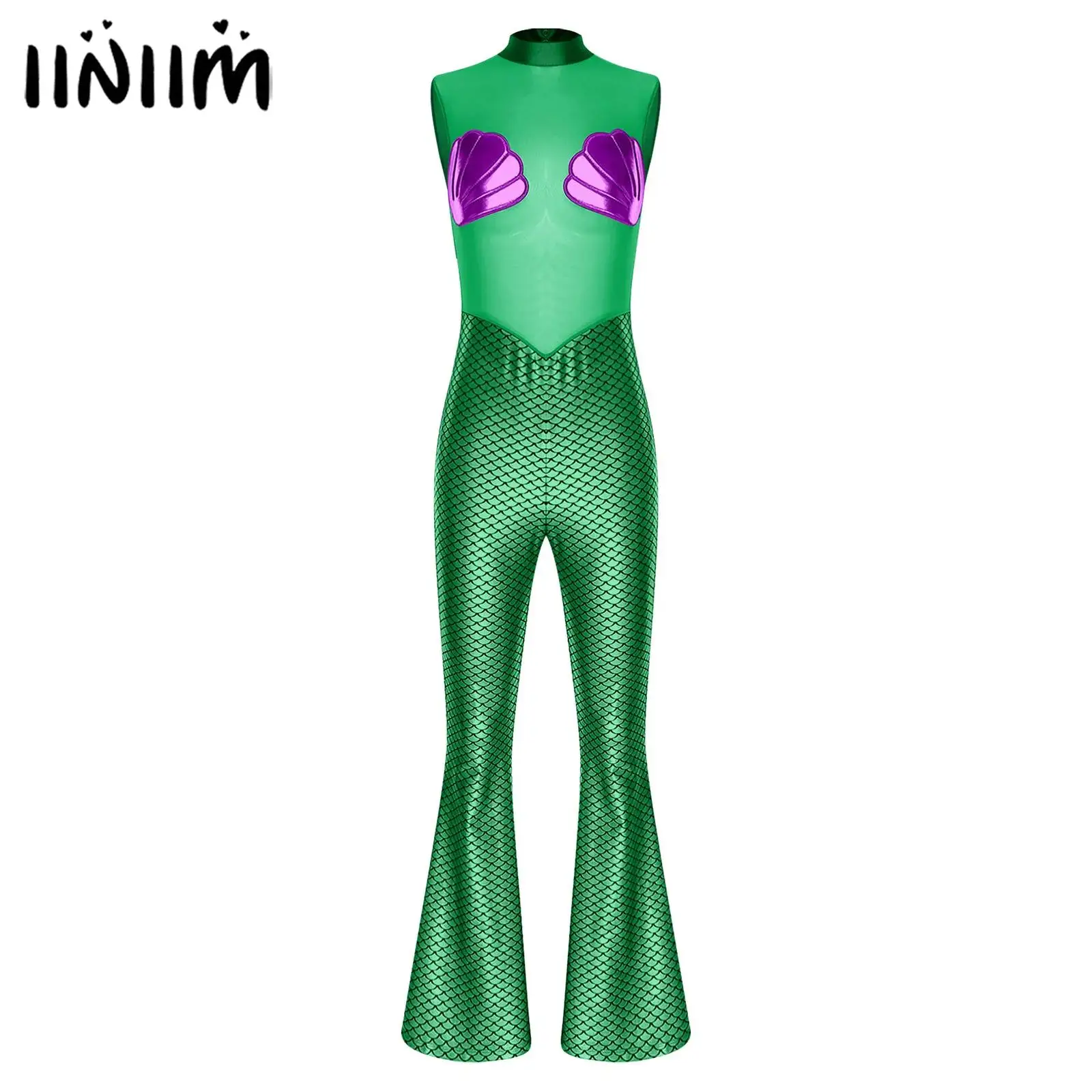 

Womens Halloween Mermaid Cosplay Costumes Rompers Scallop Cups Sheer Mesh And Fish Scale Print Bell Bottom Jumpsuit Bodysuit