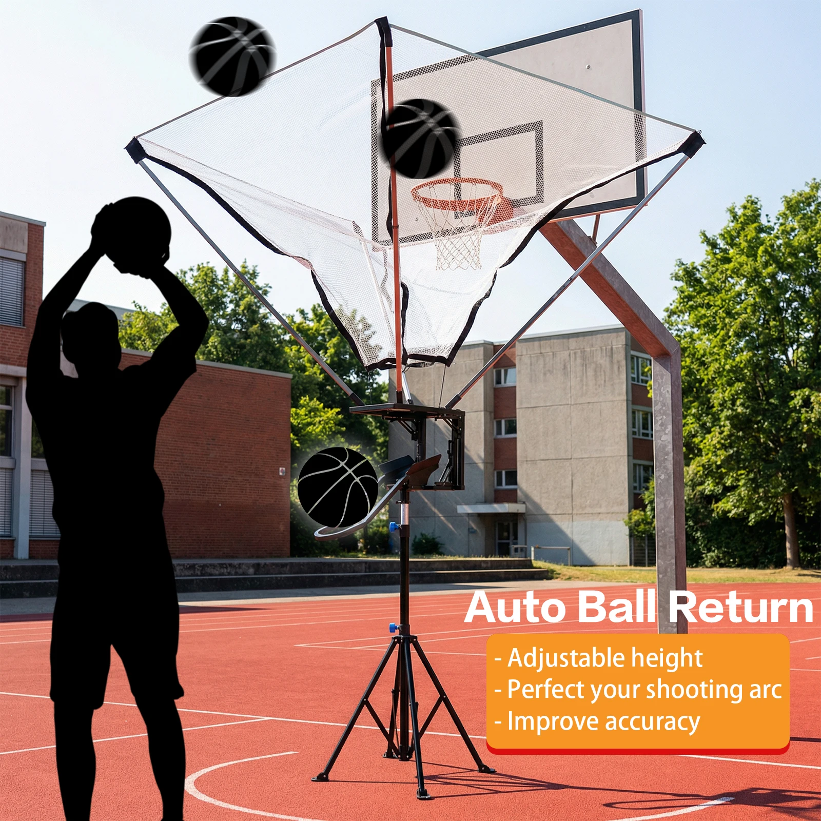

180° Rotation Basketball Return Net Adjustable Height 8.2 to 11.5 feet Shooting Trainer Rebounder for Indoor Outdoor Court