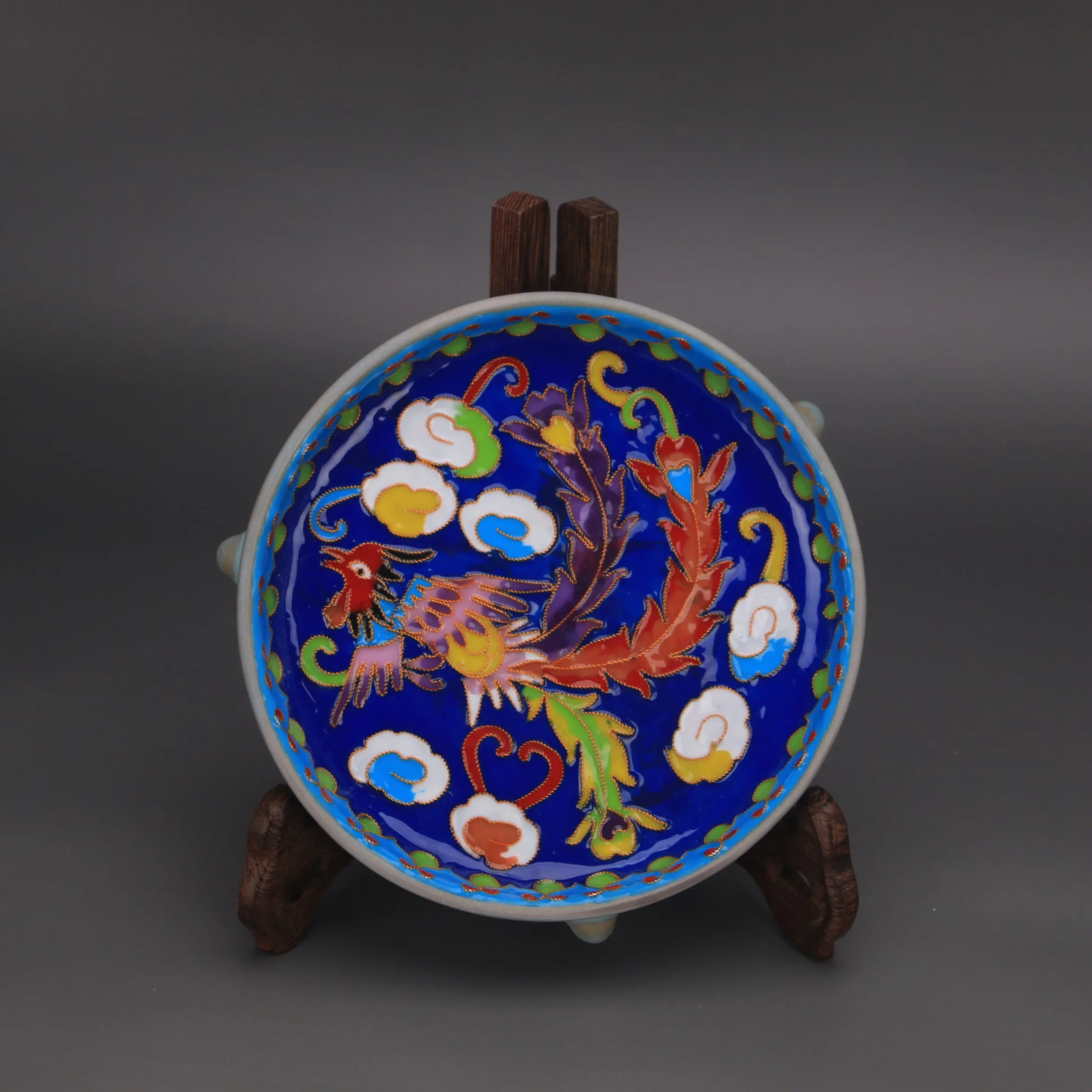 Qing Dynasty Style Cloisonne Enamel Blue Phoenix Tripod Washer Chinese Antique Home Decor Collectible