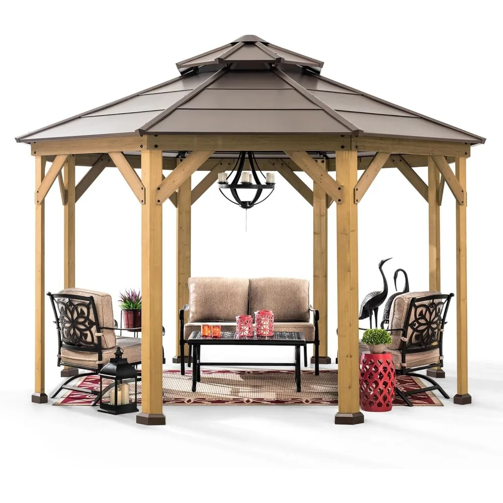 Wood Gazebo with Brown Double Tiered Steel Hardtop Roof and Ceiling Hook ,for Garden, Backyard Shade,Gazebos