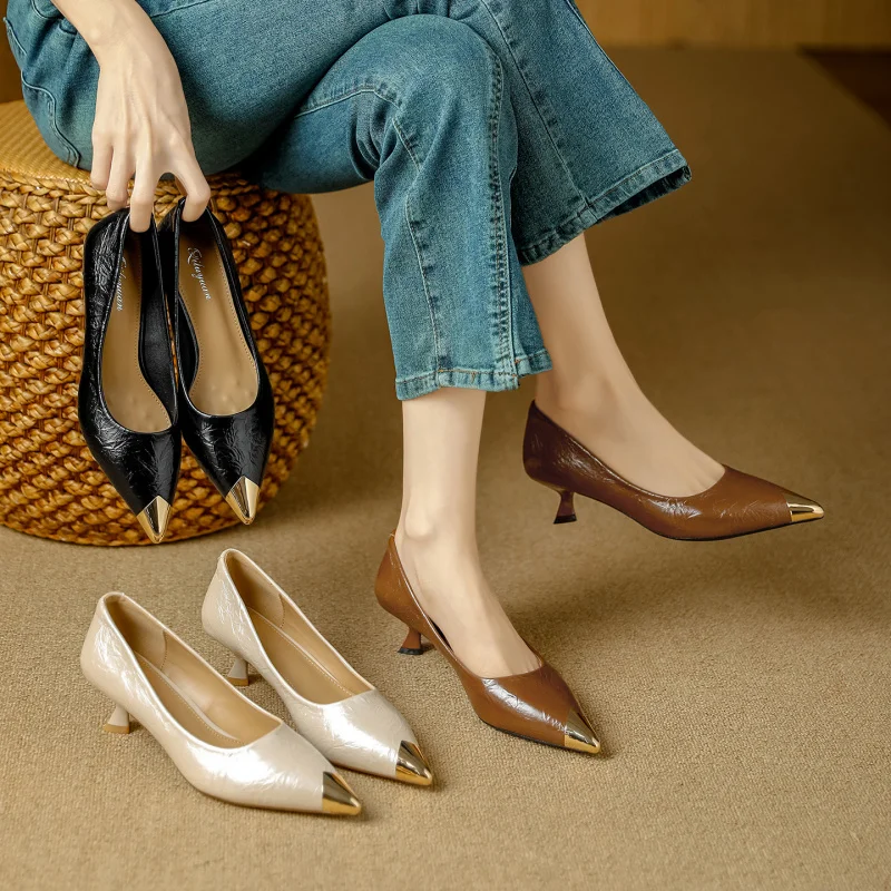 

Comfortable stiletto high heels, 2026 spring new French fashion metal pointed toe mid-heel slip-on women's shoes