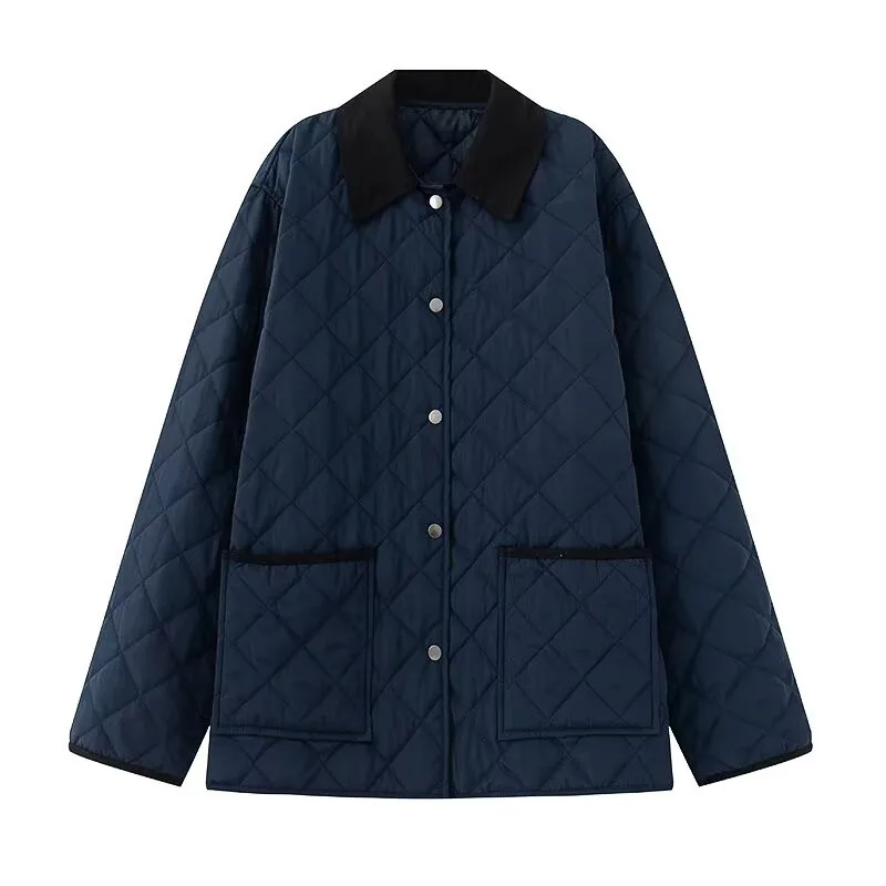 

Новинка 2023 года, женская одежда, прямая хлопковая куртка с воротником контрастного цвета и лацканами с длинными рукавами, свободное универсальное пальто в стиле ретро