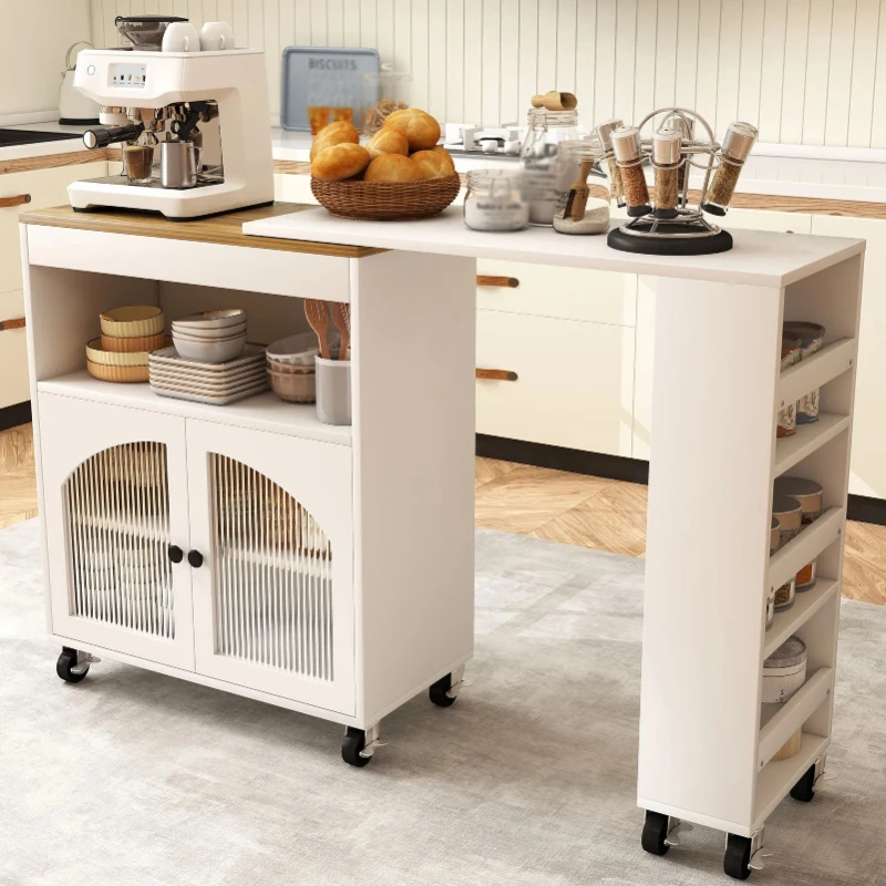 

Kitchen Island On Wheels with Extended Table Rolling Kitchen Storage Cart with LED Light Power Outlets 2 Fluted Glass Doors